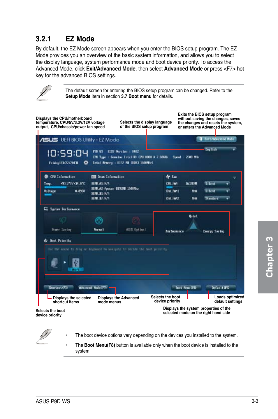 1 ez mode, Ez mode -3, Chapter 3 | Asus P9D WS User Manual | Page 73 / 154