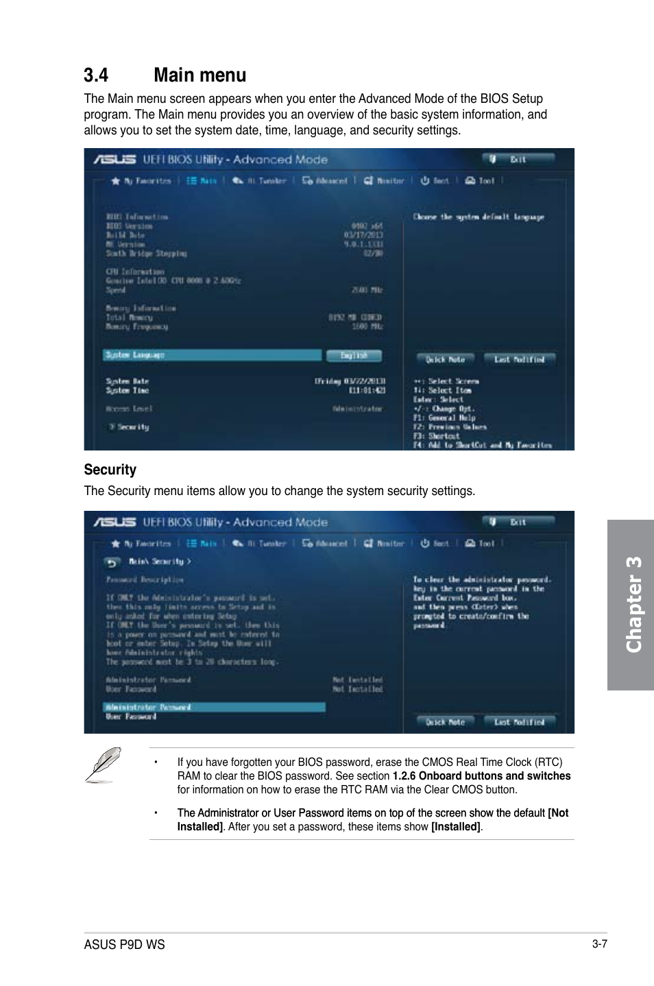 4 main menu, Main menu -7, Chapter 3 3.4 main menu | Asus P9D WS User Manual | Page 77 / 154