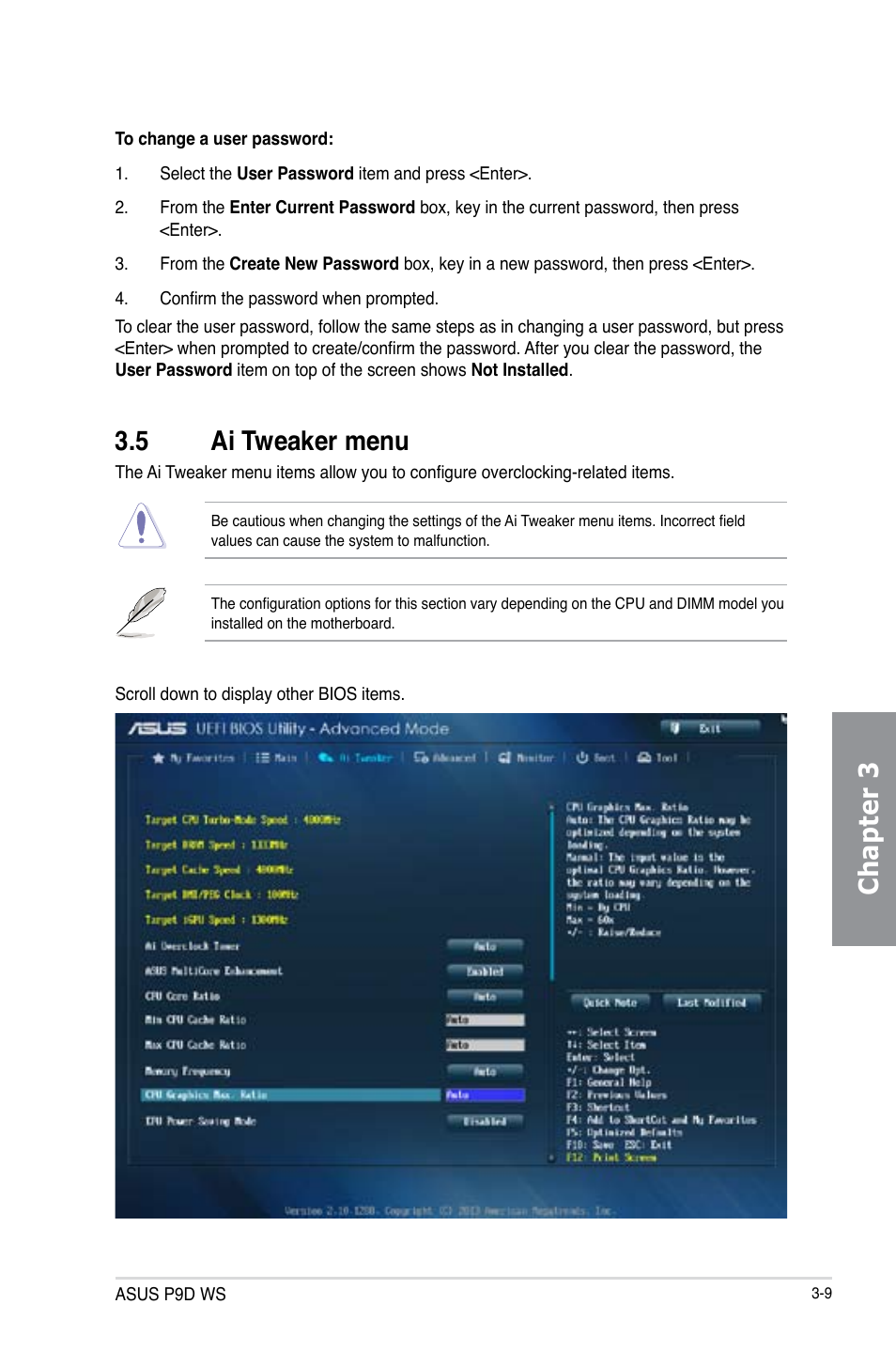 5 ai tweaker menu, Ai tweaker menu -9, Chapter 3 | Asus P9D WS User Manual | Page 79 / 154