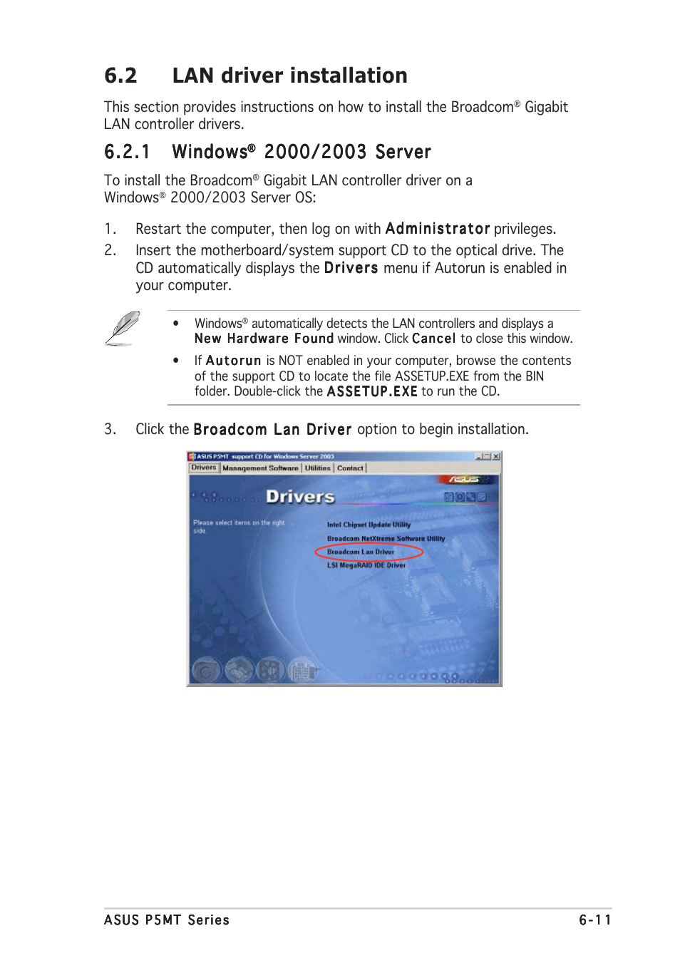 2 lan driver installation, 1 windows windows windows windows windows | Asus P5MT User Manual | Page 163 / 176