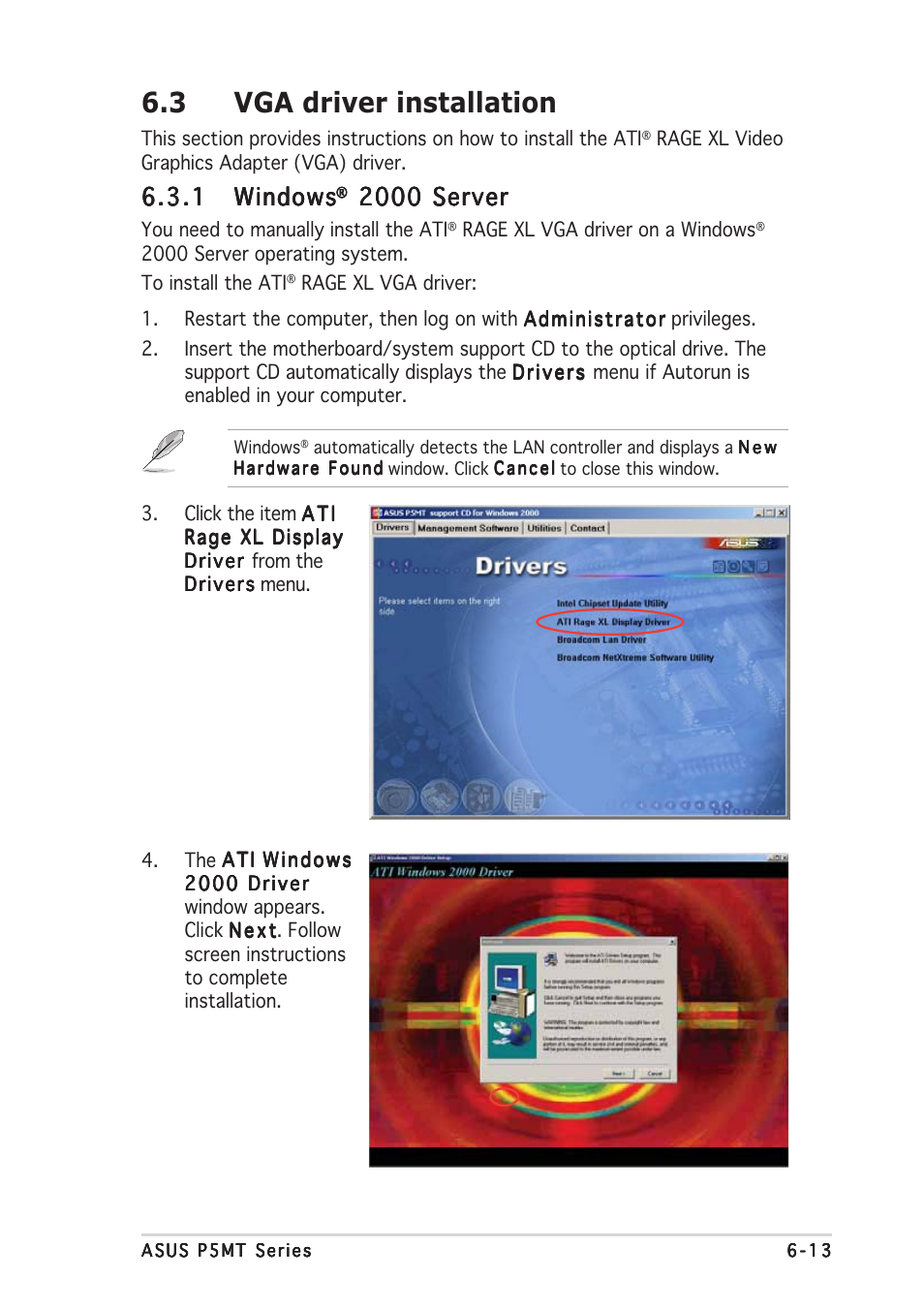 3 vga driver installation, 1 windows windows windows windows windows, 2000 server | Asus P5MT User Manual | Page 165 / 176