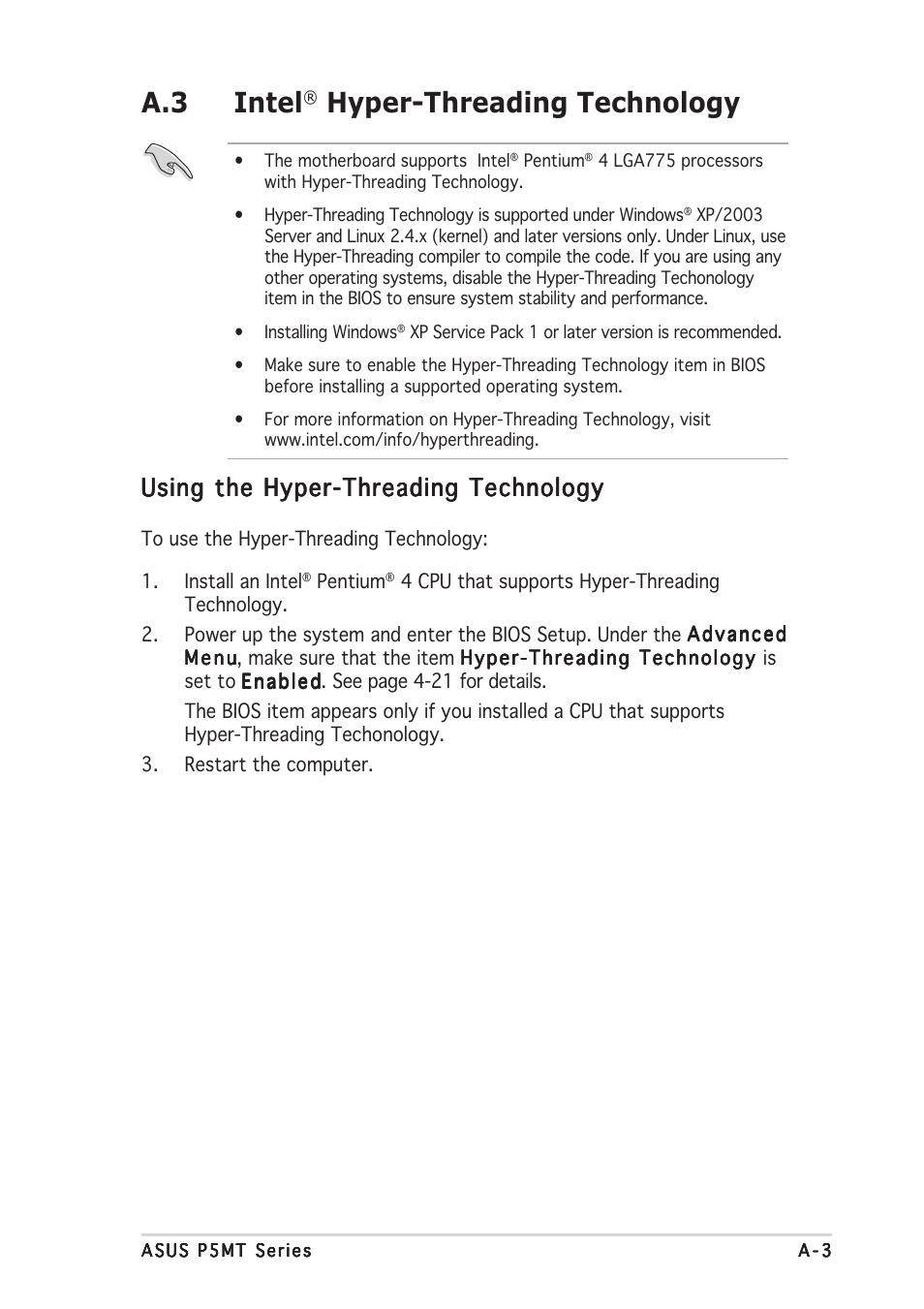 A.3 intel, Hyper-threading technology, Using the hyper-threading technology | Asus P5MT User Manual | Page 173 / 176