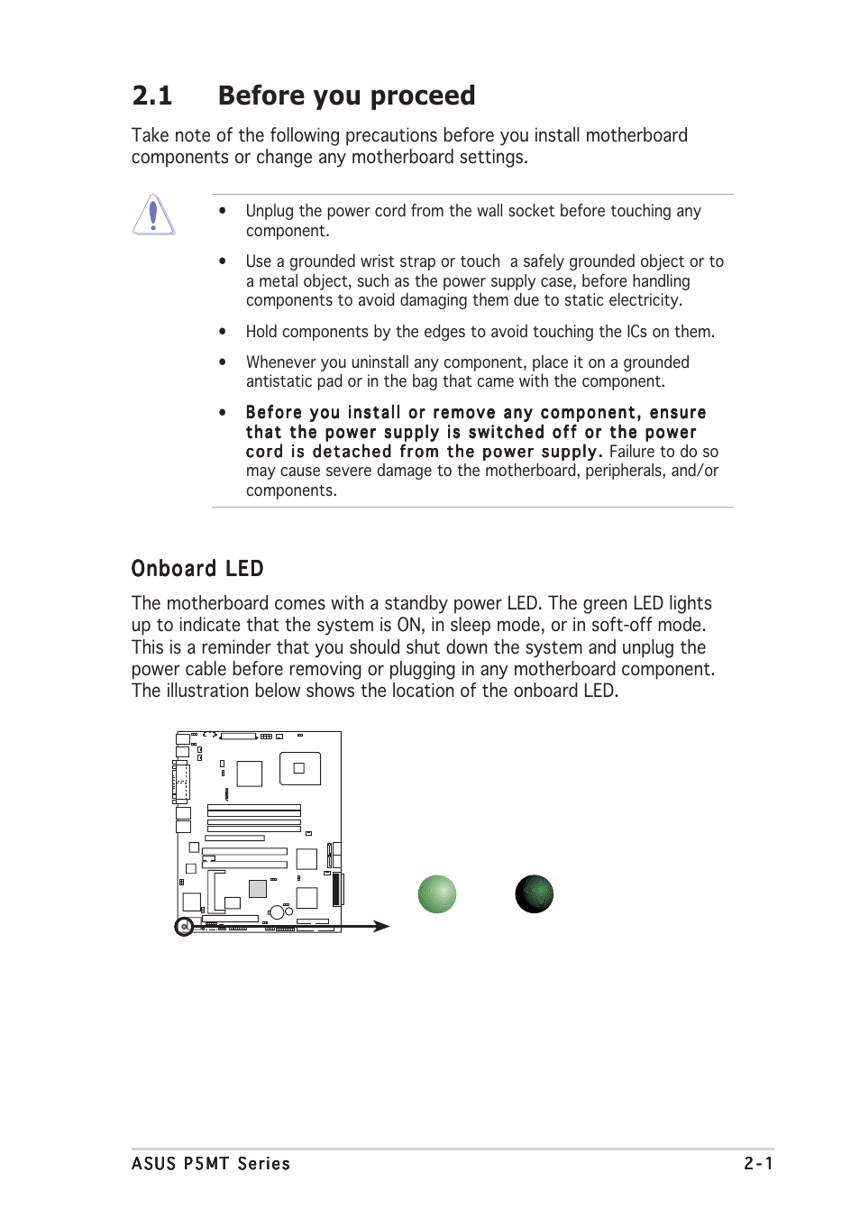 1 before you proceed, Onboard led | Asus P5MT User Manual | Page 21 / 176