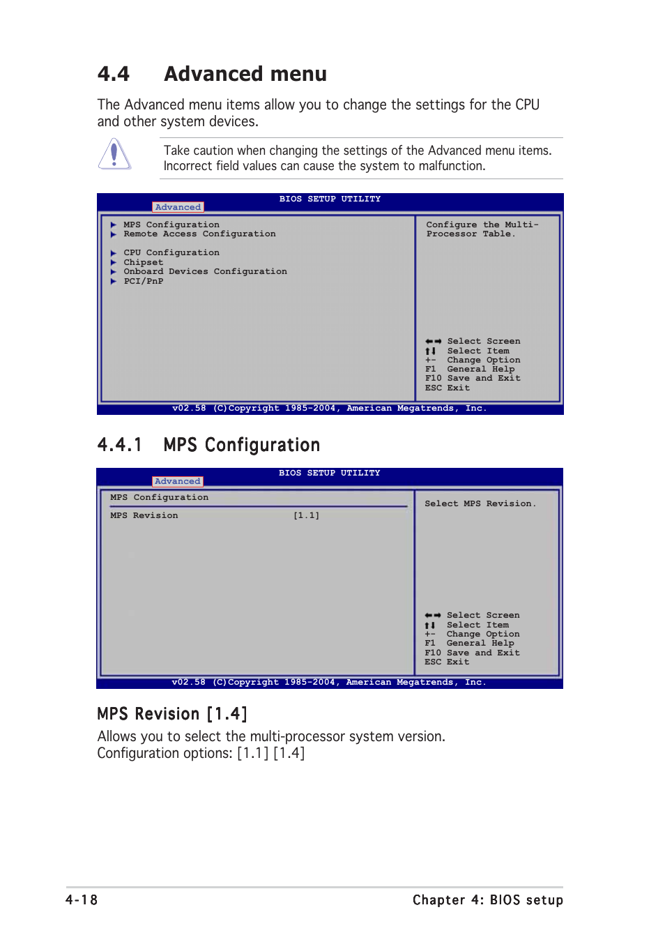 4 advanced menu, Mps revision [1.4 | Asus P5MT User Manual | Page 76 / 176