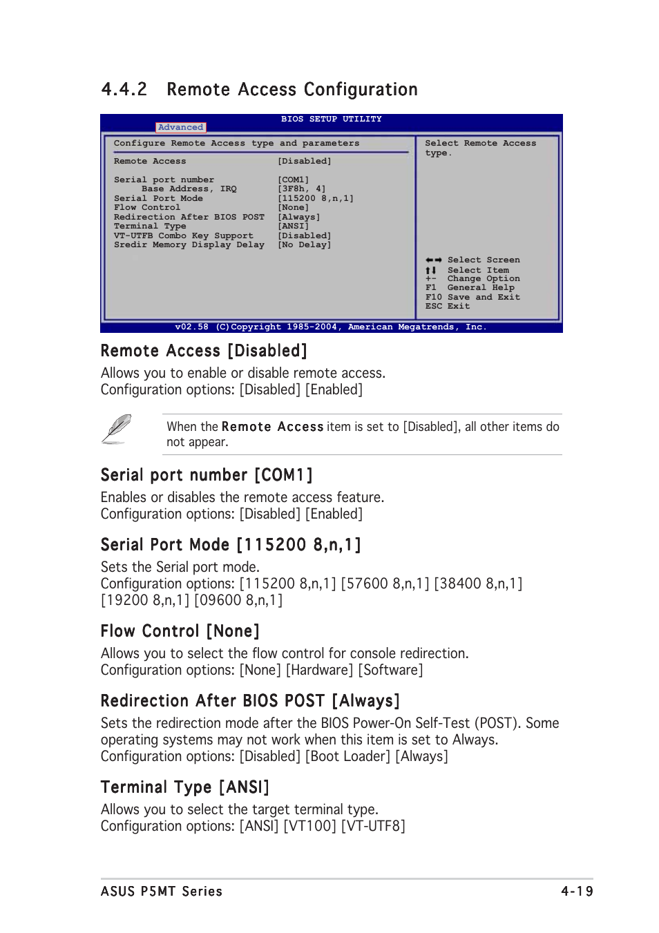 Remote access [disabled, Serial port number [com1, Flow control [none | Redirection after bios post [always, Terminal type [ansi | Asus P5MT User Manual | Page 77 / 176