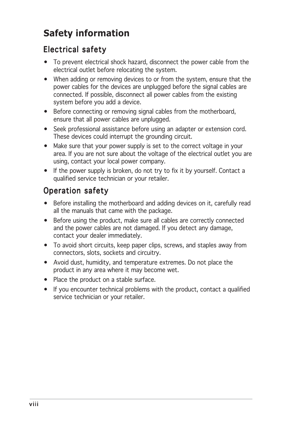 Safety information | Asus P5MT User Manual | Page 8 / 176