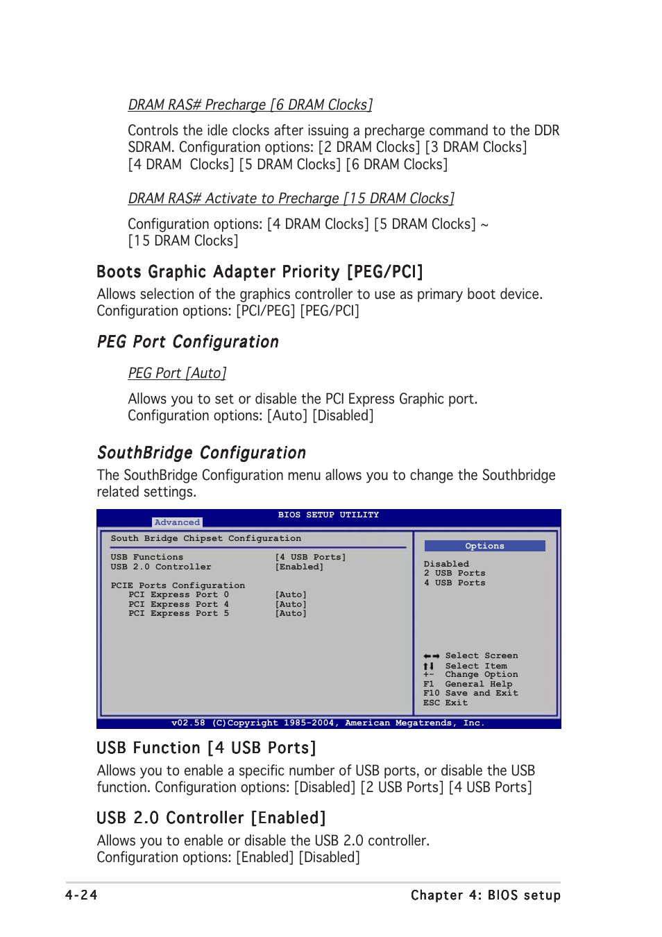 Boots graphic adapter priority [peg/pci, Peg port configuration, Southbridge configuration | Usb function [4 usb ports, Usb 2.0 controller [enabled | Asus P5MT User Manual | Page 82 / 176