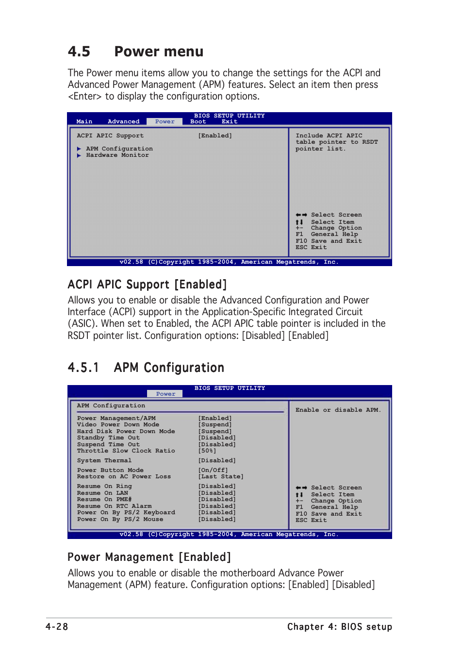 5 power menu, Acpi apic support [enabled, Power management [enabled | Asus P5MT User Manual | Page 86 / 176
