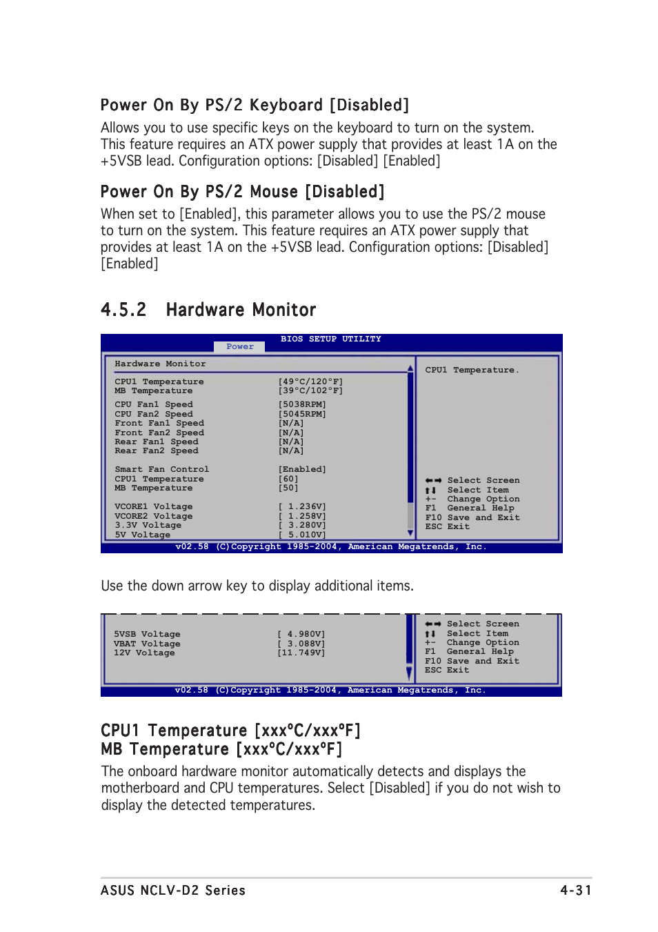 Cpu1 temperature [xxxºc/xxxºf, Power on by ps/2 keyboard [disabled, Power on by ps/2 mouse [disabled | Asus P5MT User Manual | Page 89 / 176