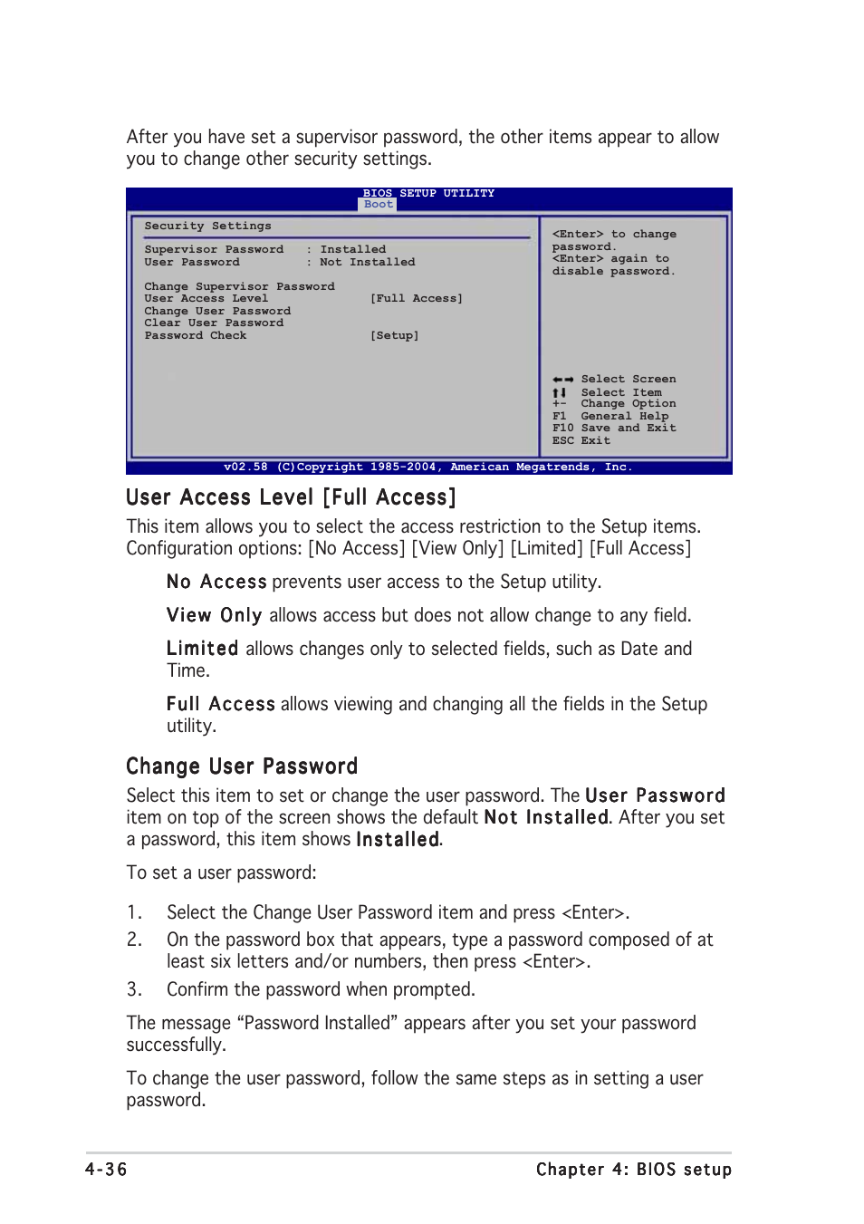 User access level [full access, Change user password | Asus P5MT User Manual | Page 94 / 176