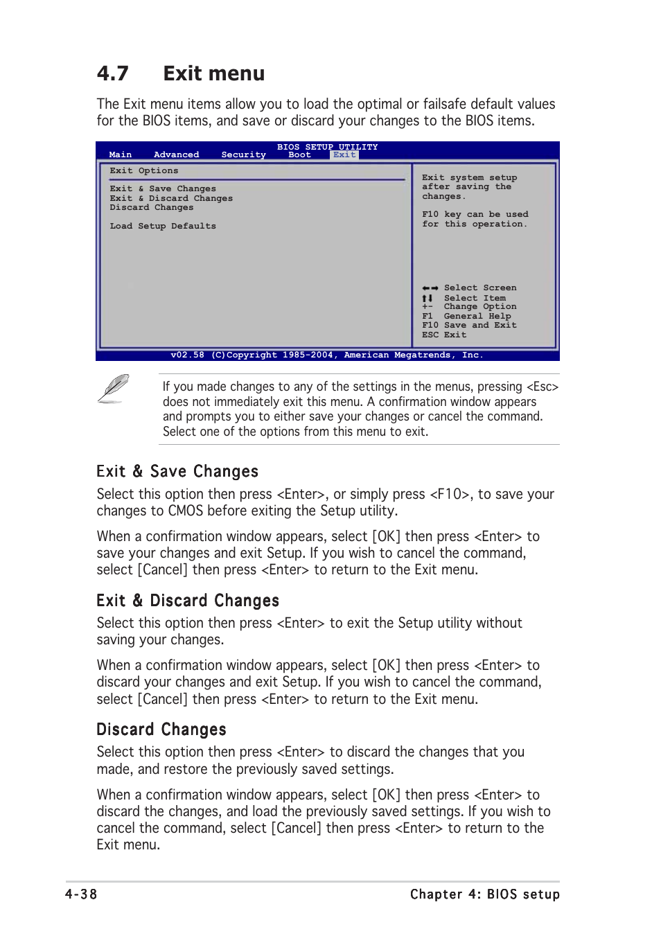 7 exit menu, Exit & save changes, Exit & discard changes | Discard changes | Asus P5MT User Manual | Page 96 / 176
