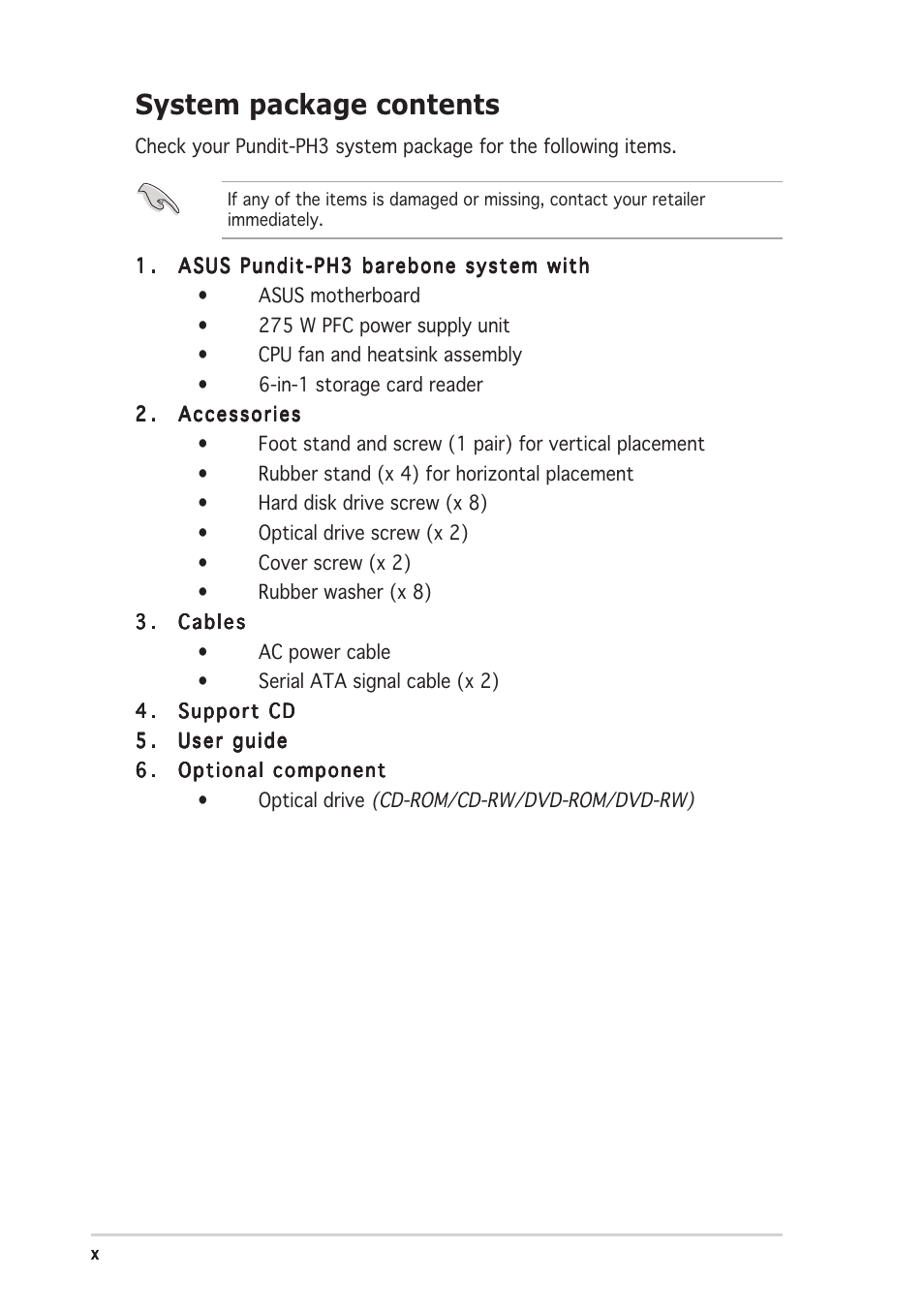 System package contents | Asus Pundit-PH3 User Manual | Page 10 / 94