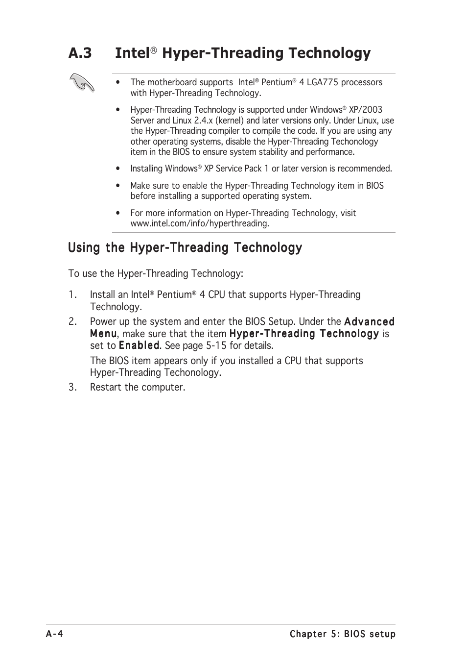 A.3 intel, Hyper-threading technology, Using the hyper-threading technology | Asus Pundit-PH3 User Manual | Page 94 / 94