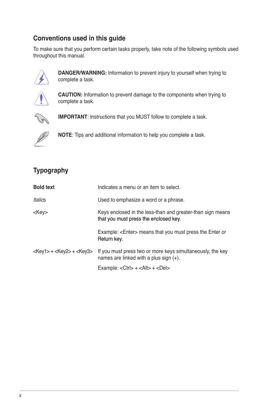 Conventions used in this guide, Typography | Asus M4N82 Deluxe User Manual | Page 10 / 128