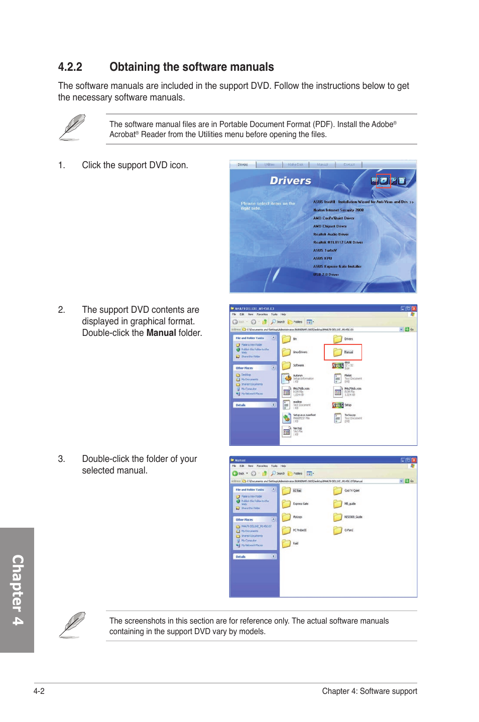 2 obtaining the software manuals, Obtaining the software manuals -2, Chapter 4 | Asus M4N82 Deluxe User Manual | Page 100 / 128