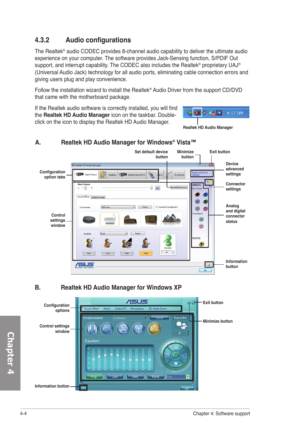 2 audio configurations, Audio configurations -4, Chapter 4 | A. realtek hd audio manager for windows, Vista, B. realtek hd audio manager for windows xp | Asus M4N82 Deluxe User Manual | Page 102 / 128