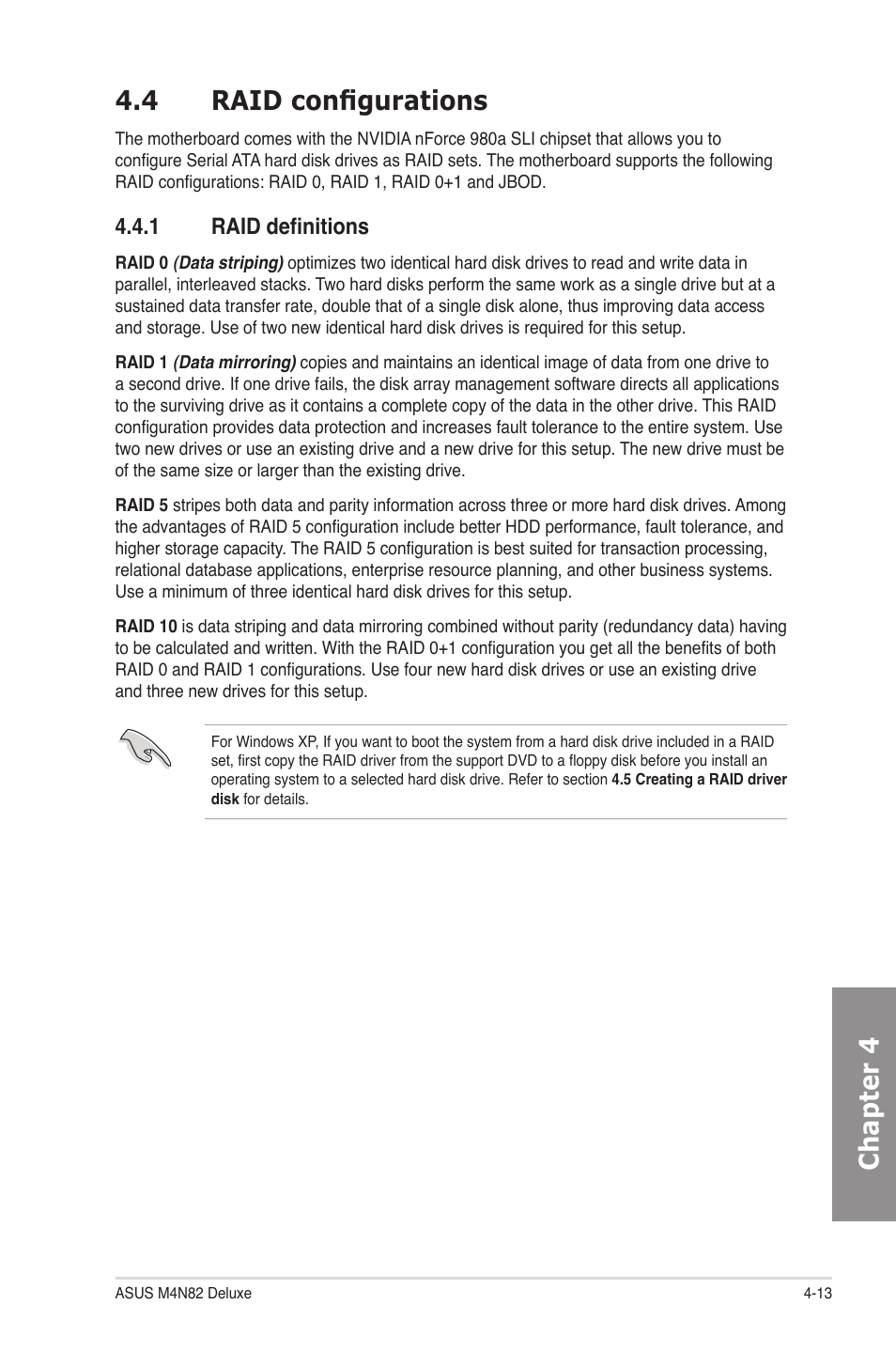 4 raid configurations, 1 raid definitions, Raid configurations -13 4.4.1 | Raid definitions -13, Chapter 4 4.4 raid configurations | Asus M4N82 Deluxe User Manual | Page 111 / 128