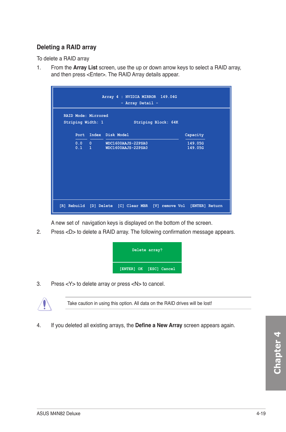 Chapter 4, Deleting a raid array | Asus M4N82 Deluxe User Manual | Page 117 / 128