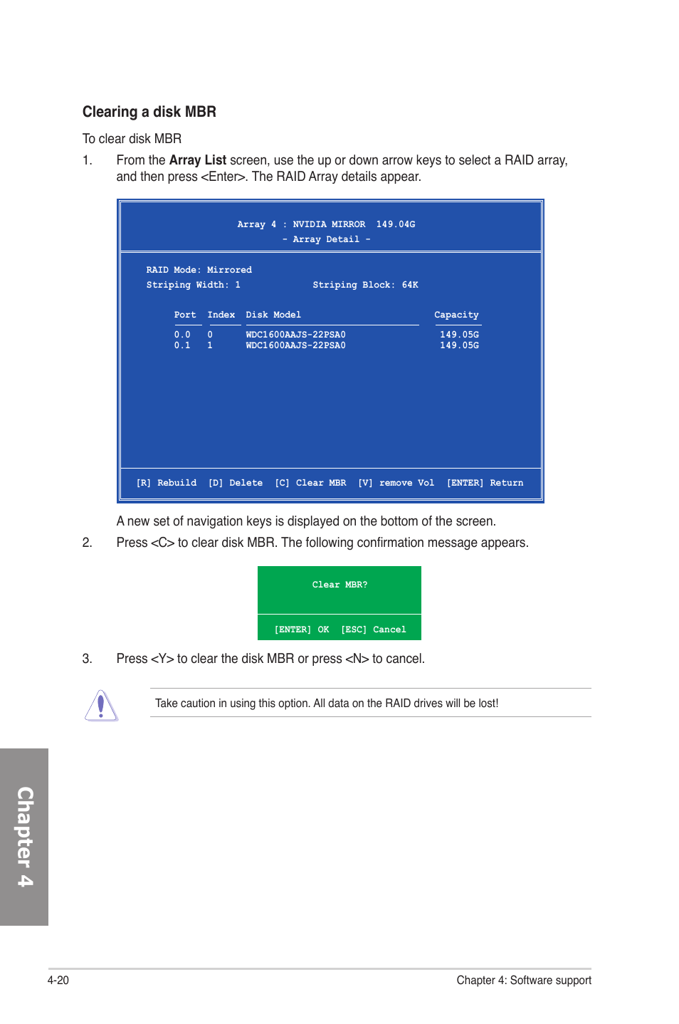 Chapter 4, Clearing a disk mbr | Asus M4N82 Deluxe User Manual | Page 118 / 128