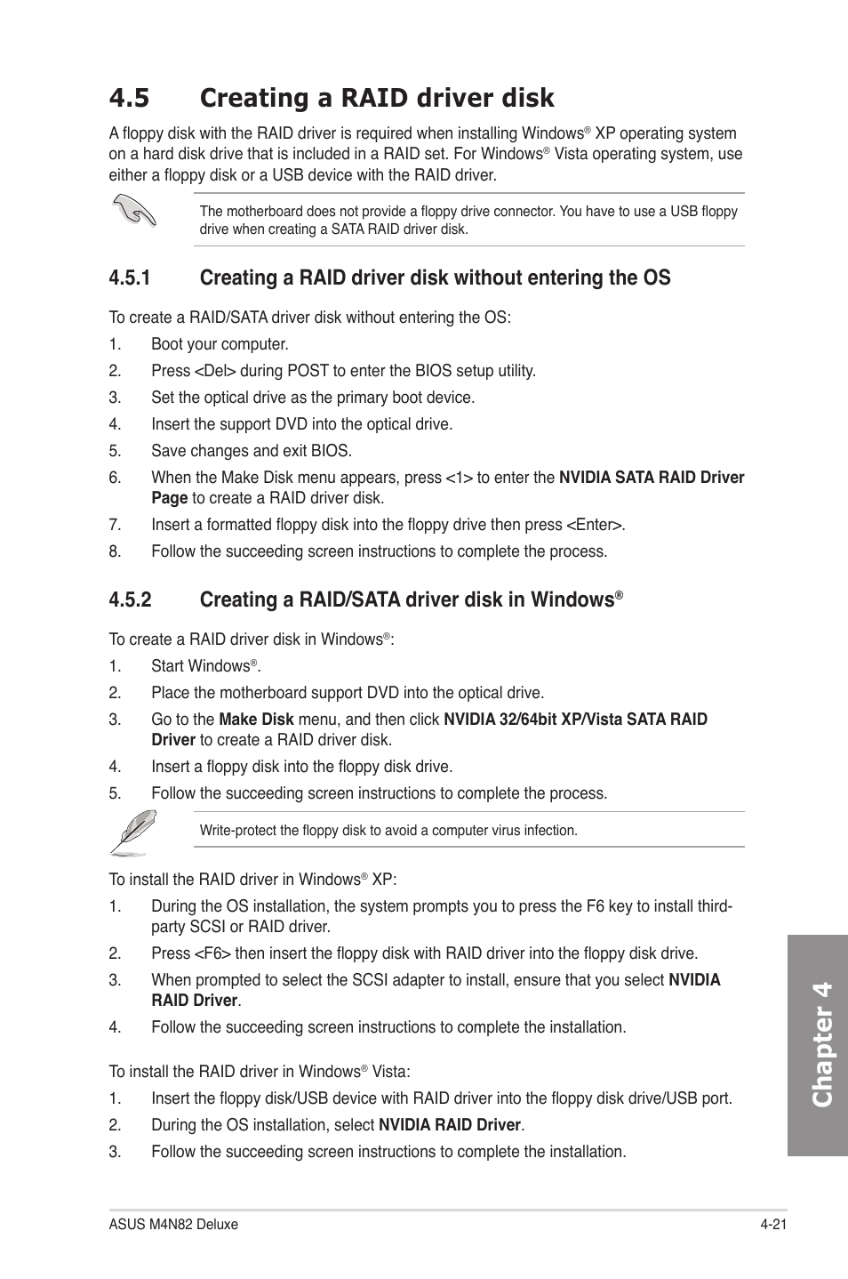 5 creating a raid driver disk, 2 creating a raid/sata driver disk in windows, Creating a raid driver disk -21 4.5.1 | Creating a raid/sata driver disk in windows, Chapter 4 4.5 creating a raid driver disk | Asus M4N82 Deluxe User Manual | Page 119 / 128