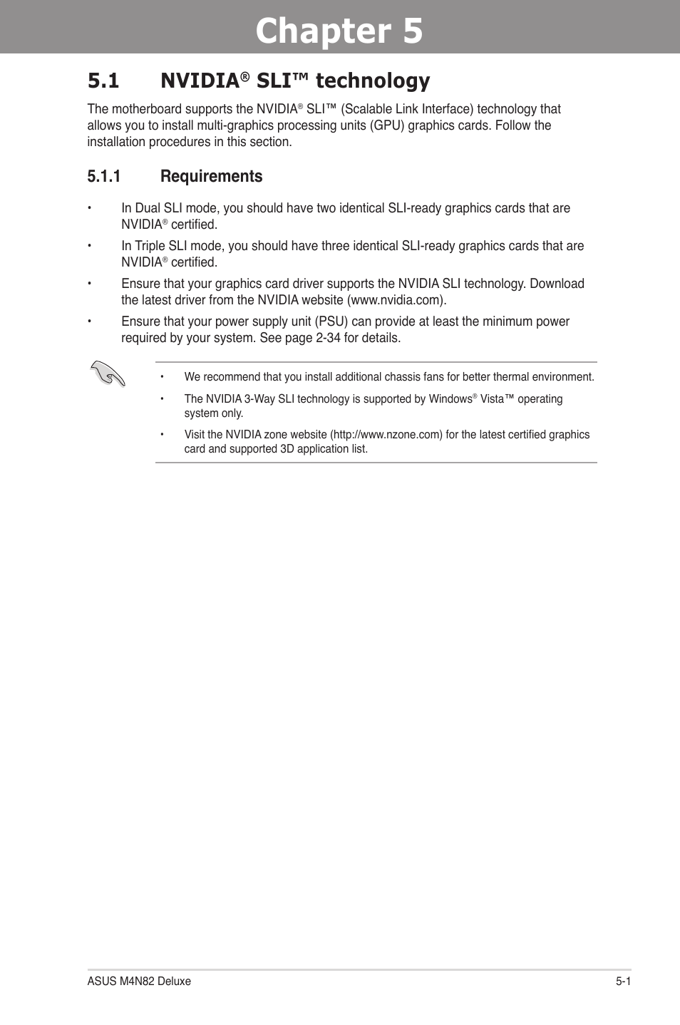 Chapter 5: nvidia® sli™ technology support, 1 nvidia® sli™ technology, 1 requirements | Chapter 5, Nvidia, Sli™ technology support, Sli™ technology -1, Requirements -1, 1 nvidia, Sli™ technology | Asus M4N82 Deluxe User Manual | Page 121 / 128