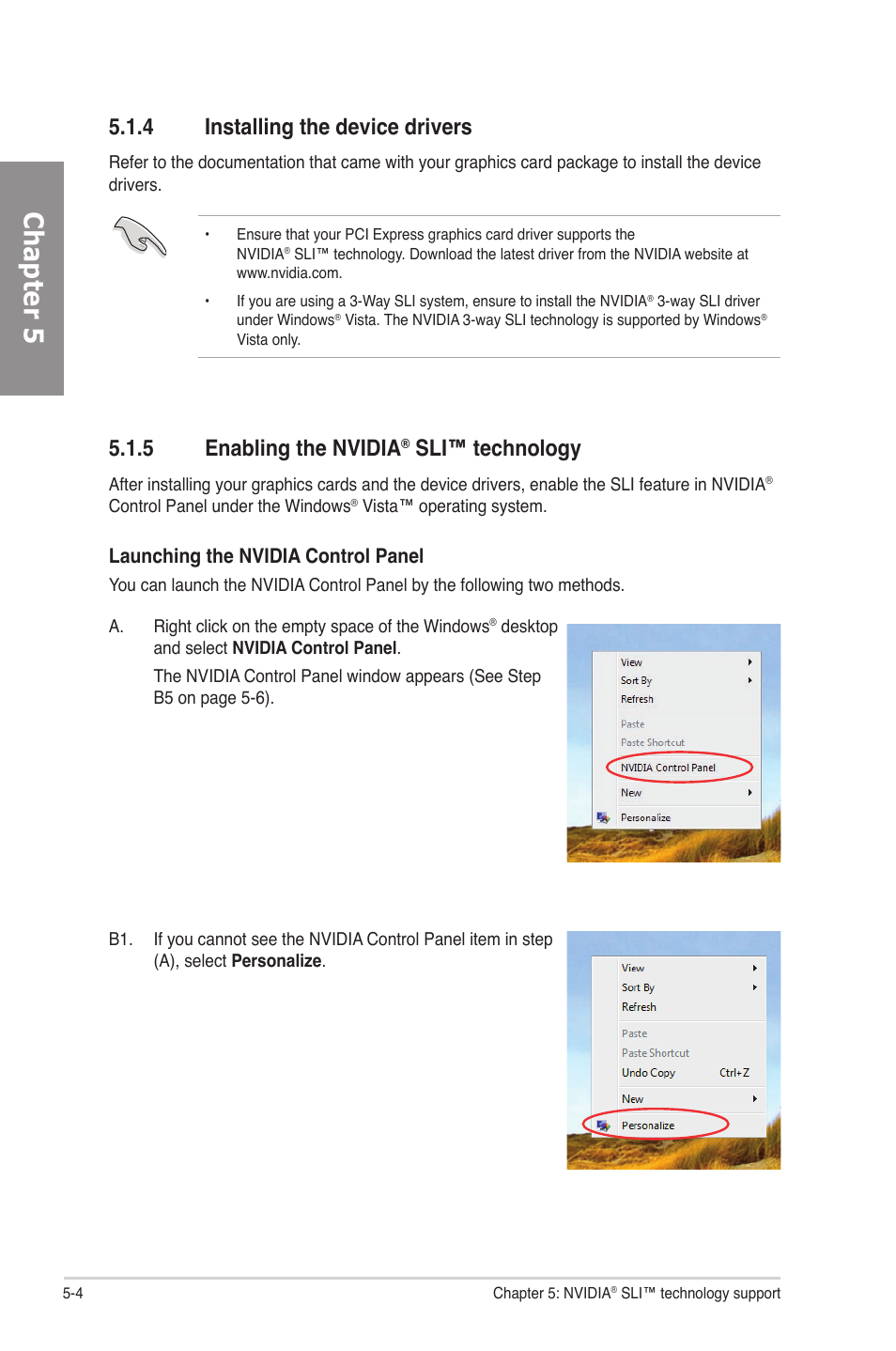 4 installing the device drivers, 5 enabling the nvidia® sli™ technology, Installing the device drivers -4 | Enabling the nvidia, Sli™ technology -4, Chapter 5, 5 enabling the nvidia, Sli™ technology, Launching the nvidia control panel | Asus M4N82 Deluxe User Manual | Page 124 / 128