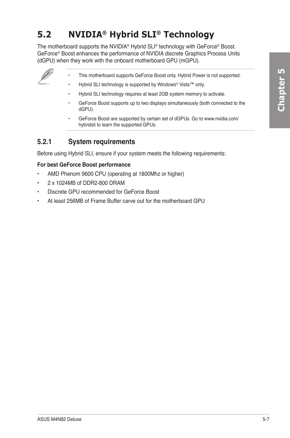 2 nvidia® hybrid sli® technology, 1 system requirements, Nvidia | Hybrid sli, Technology -7, System requirements -7, Chapter 5 5.2 nvidia, Technology | Asus M4N82 Deluxe User Manual | Page 127 / 128