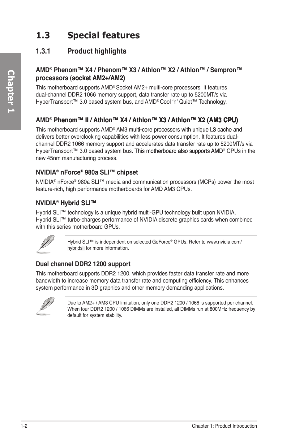 3 special features, 1 product highlights, Special features -2 1.3.1 | Product highlights -2, Chapter 1 1.3 special features | Asus M4N82 Deluxe User Manual | Page 16 / 128