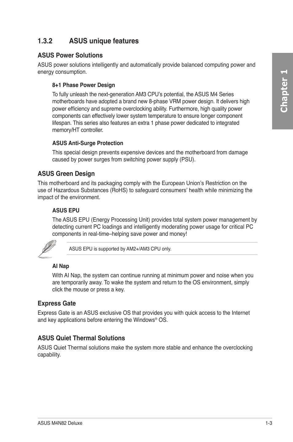 2 asus unique features, Asus unique features -3, Chapter 1 | Asus M4N82 Deluxe User Manual | Page 17 / 128