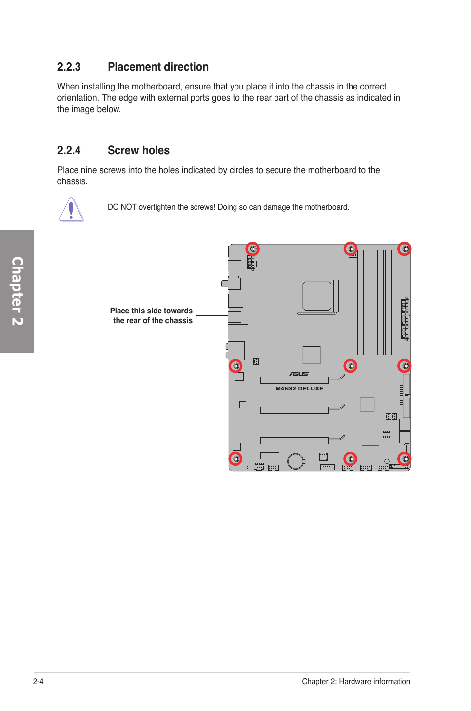 3 placement direction, 4 screw holes, Placement direction -4 | Screw holes -4, Chapter 2 | Asus M4N82 Deluxe User Manual | Page 24 / 128