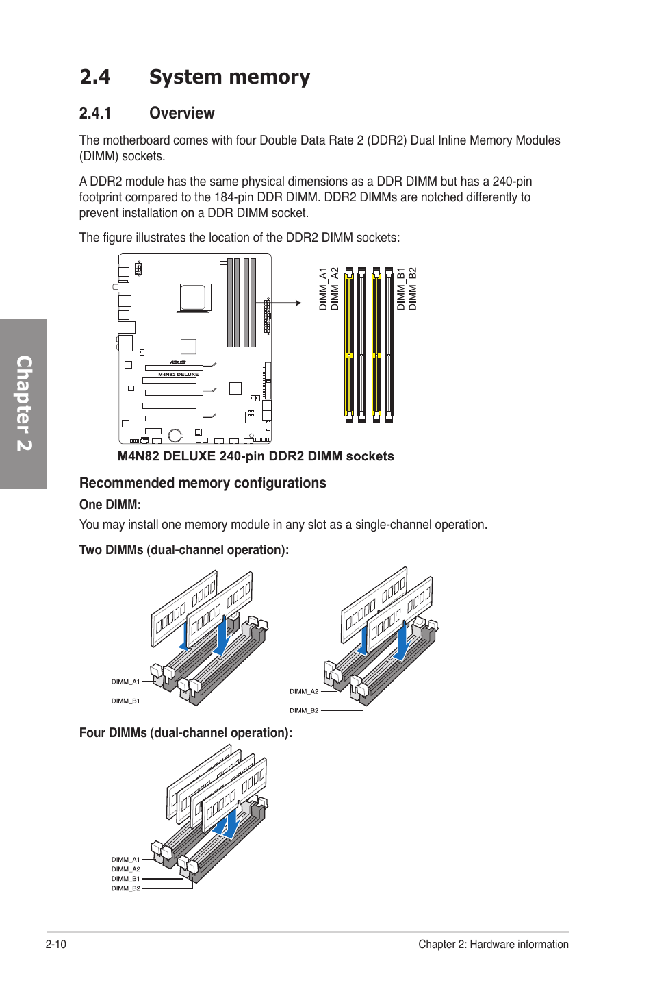 4 system memory, 1 overview, System memory -10 2.4.1 | Overview -10 | Asus M4N82 Deluxe User Manual | Page 30 / 128