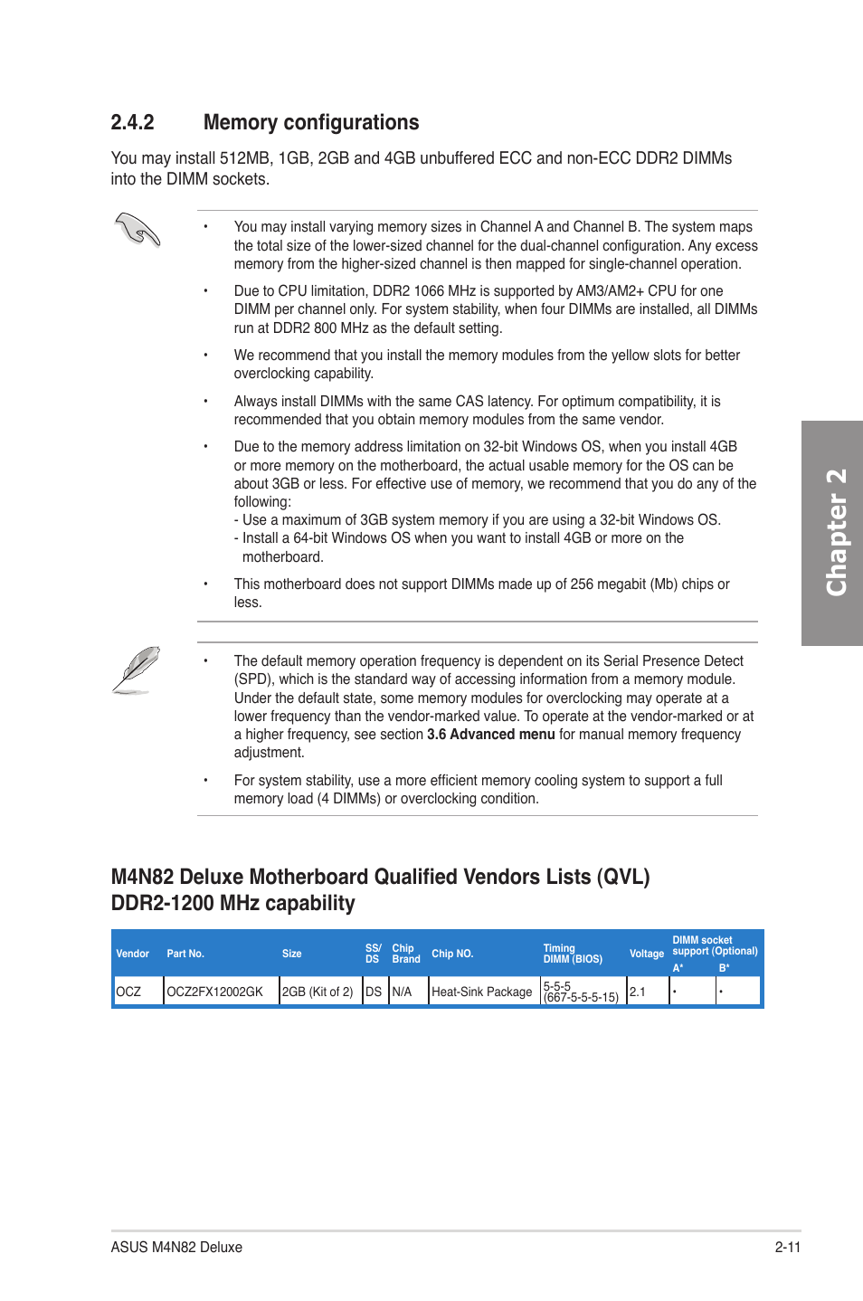 2 memory configurations, Memory configurations -11, Chapter 2 | Asus M4N82 Deluxe User Manual | Page 31 / 128