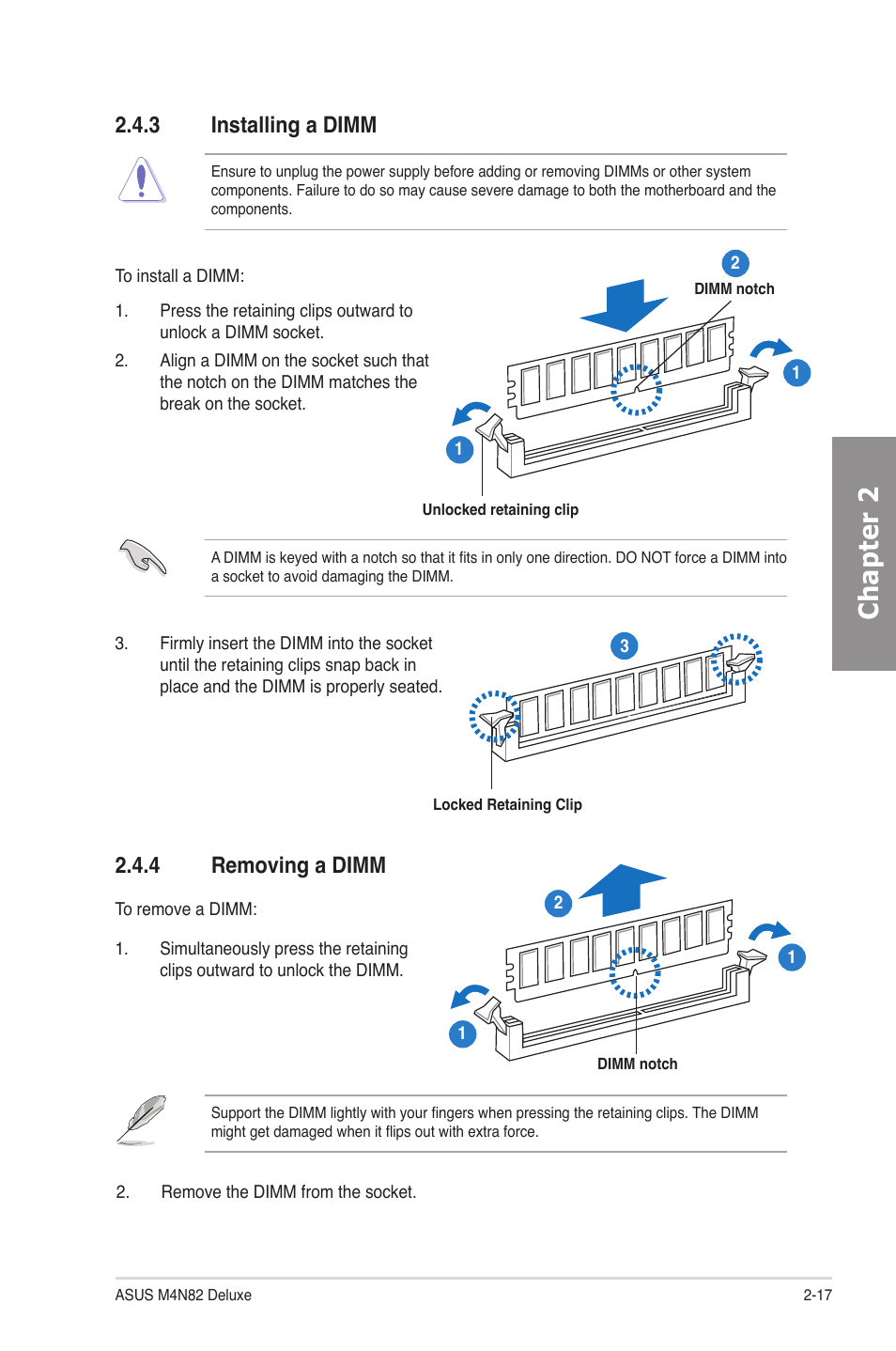 3 installing a dimm, 4 removing a dimm, Installing a dimm -17 | Removing a dimm -17, Chapter 2 | Asus M4N82 Deluxe User Manual | Page 37 / 128