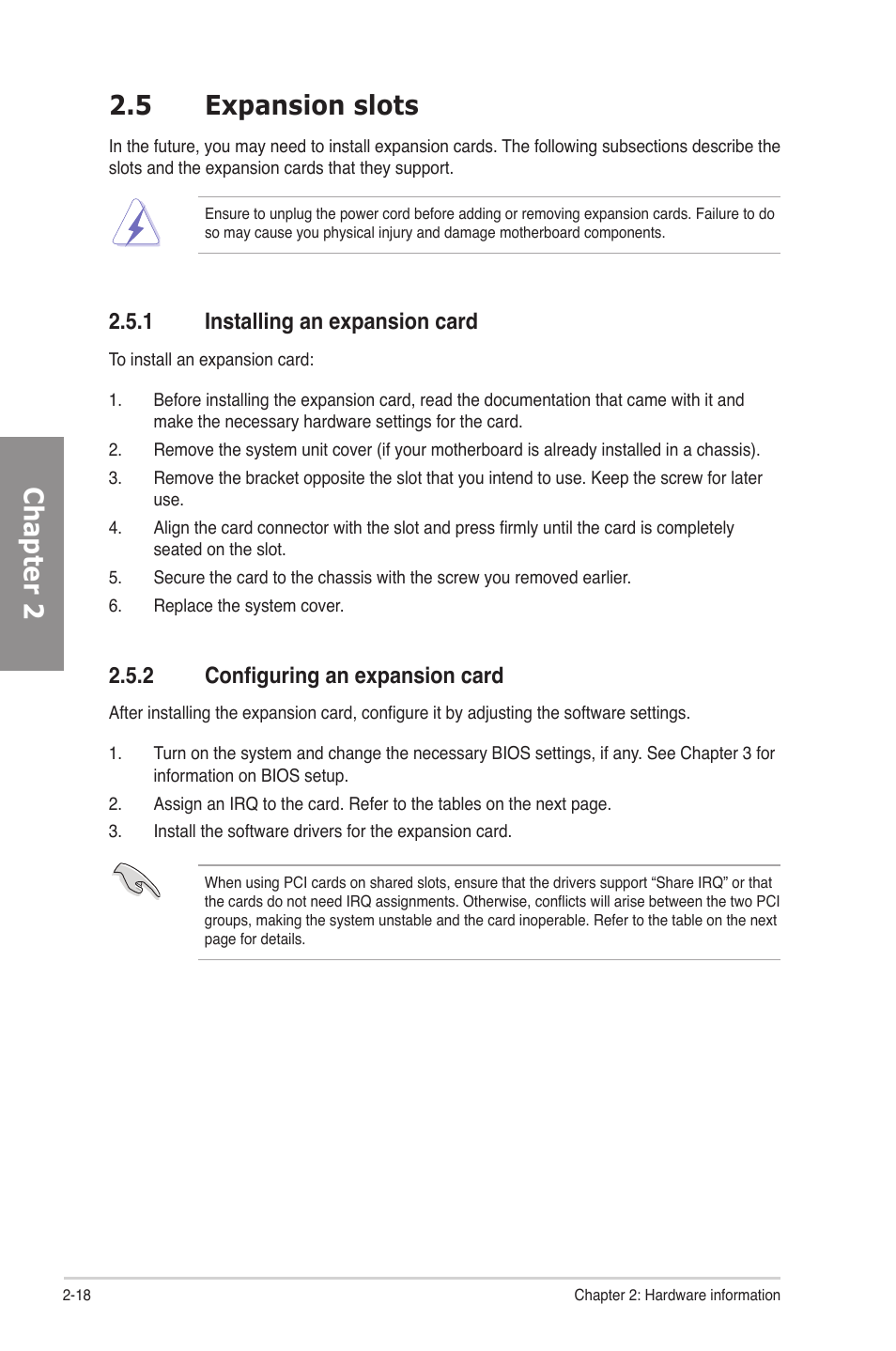 5 expansion slots, 1 installing an expansion card, 2 configuring an expansion card | Expansion slots -18 2.5.1, Installing an expansion card -18, Configuring an expansion card -18, Chapter 2 2.5 expansion slots | Asus M4N82 Deluxe User Manual | Page 38 / 128