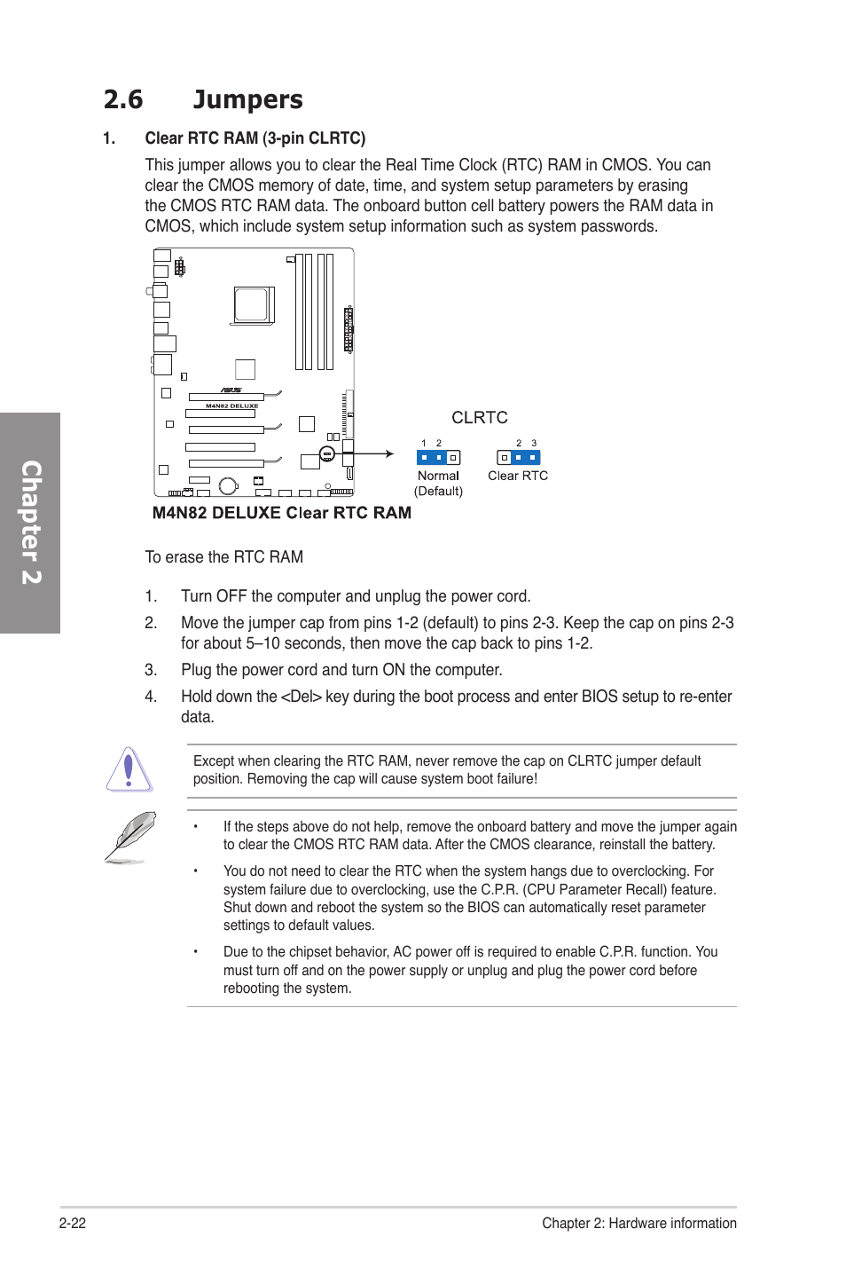 6 jumpers, Jumpers -22, Chapter 2 2.6 jumpers | Asus M4N82 Deluxe User Manual | Page 42 / 128