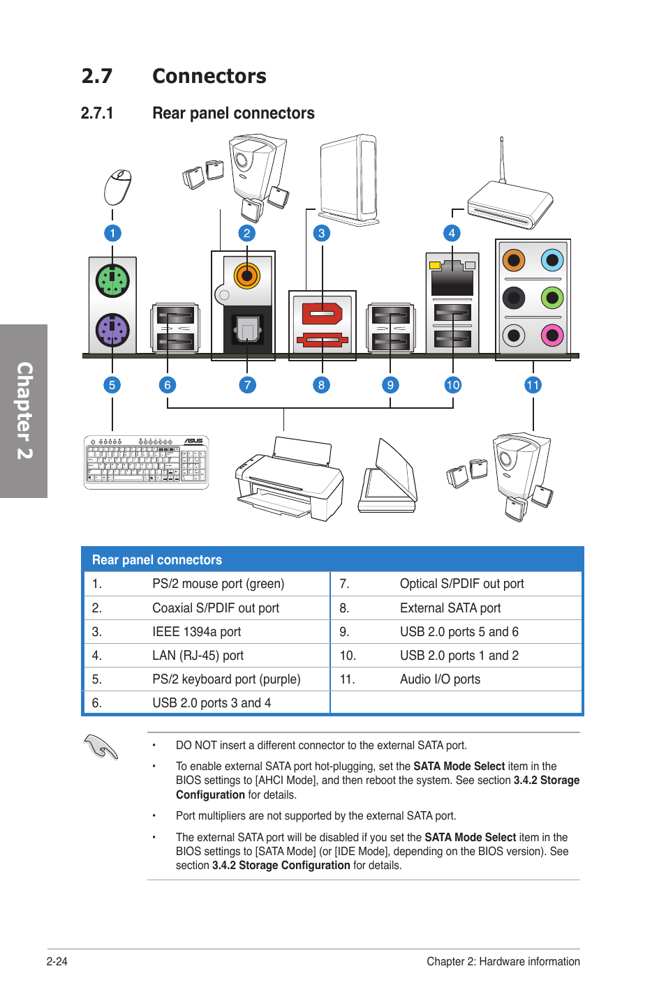 7 connectors, 1 rear panel connectors, Connectors -24 2.7.1 | Rear panel connectors -24, Chapter 2 2.7 connectors | Asus M4N82 Deluxe User Manual | Page 44 / 128