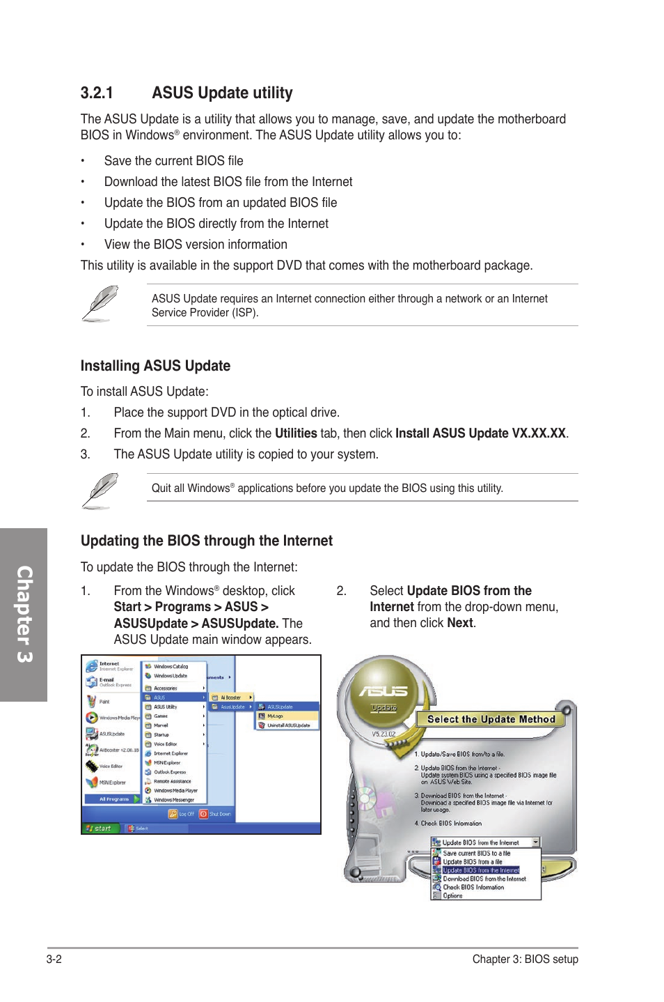 1 asus update utility, Asus update utility -2, Chapter 3 | Asus M4N82 Deluxe User Manual | Page 62 / 128