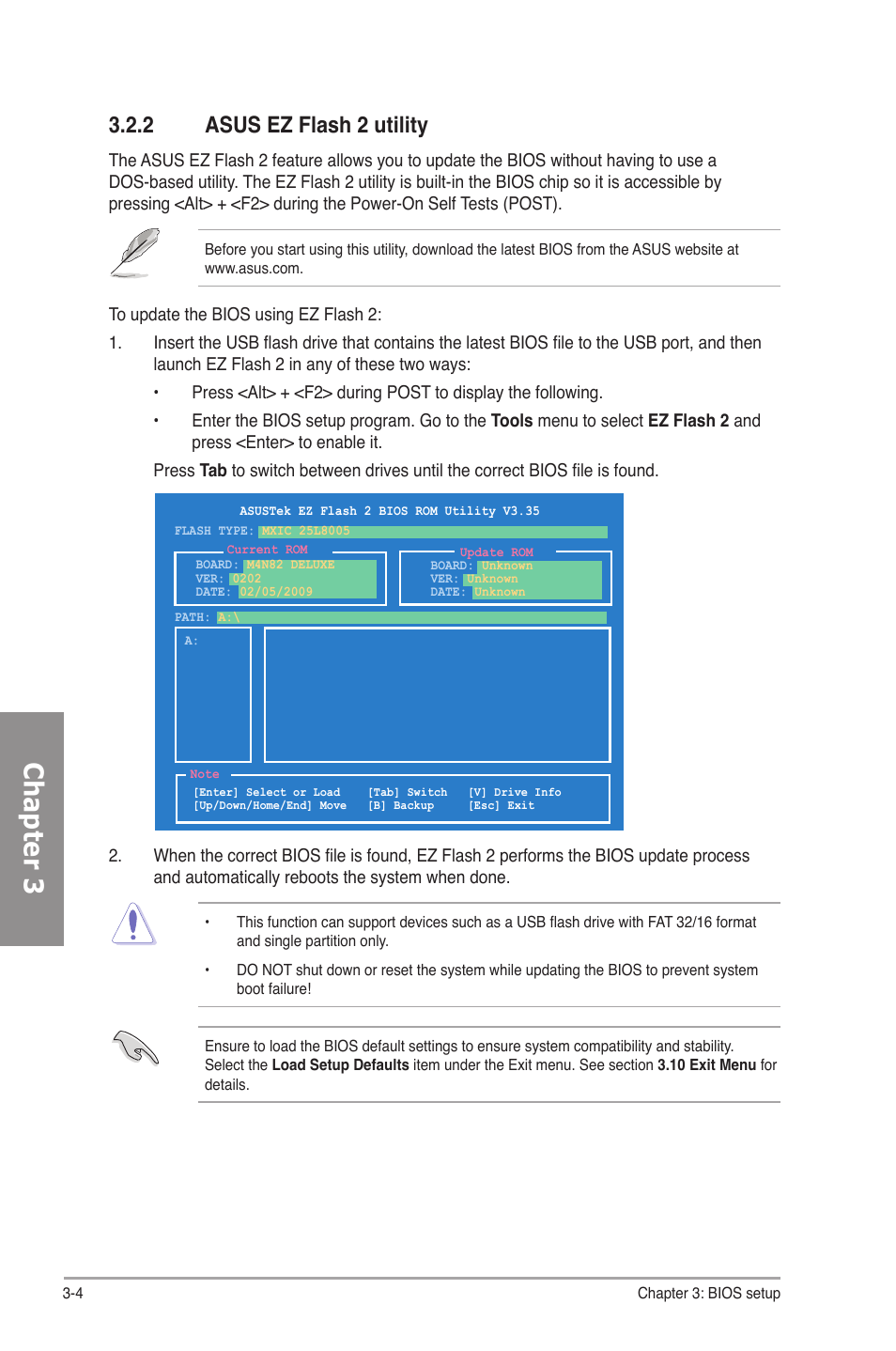 2 asus ez flash 2 utility, Asus ez flash 2 utility -4, Chapter 3 | Asus M4N82 Deluxe User Manual | Page 64 / 128