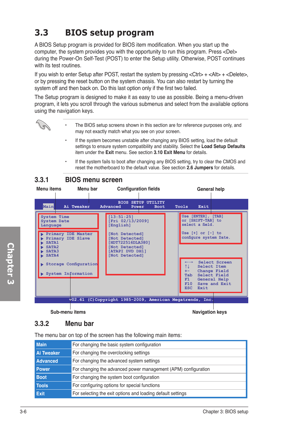 3 bios setup program, 1 bios menu screen, 2 menu bar | Bios setup program -6 3.3.1, Bios menu screen -6, Menu bar -6, Chapter 3 3.3 bios setup program, 1 bios menu screen 3.3.2 menu bar | Asus M4N82 Deluxe User Manual | Page 66 / 128