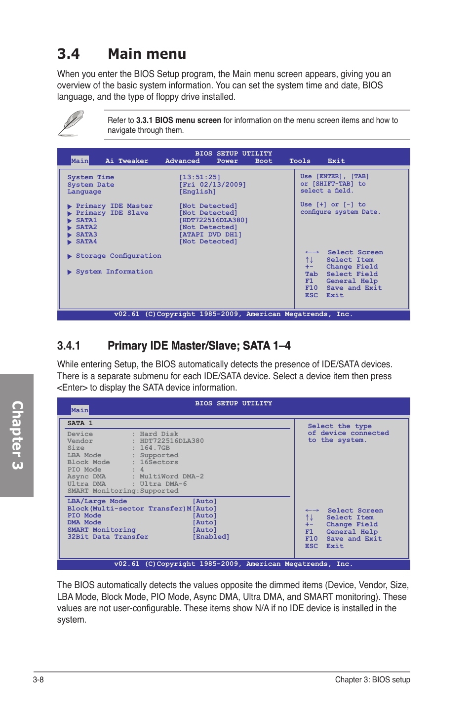 4 main menu, 1 primary ide master/slave; sata 1–4, Main menu -8 3.4.1 | Primary ide master/slave; sata 1–4 -8, Chapter 3 3.4 main menu | Asus M4N82 Deluxe User Manual | Page 68 / 128