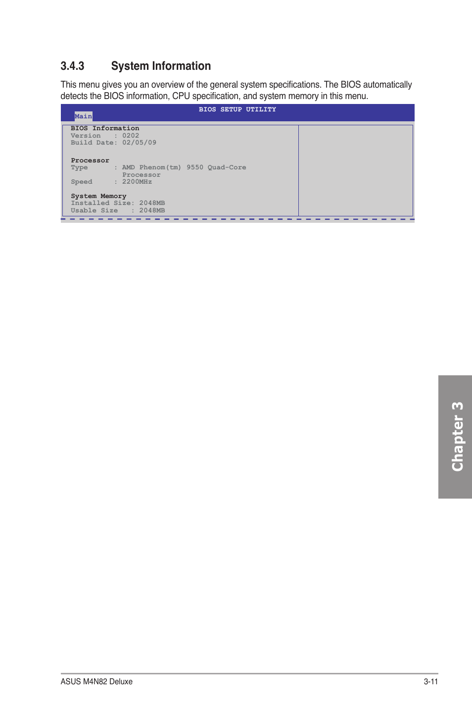 3 system information, System information -11, Chapter 3 | Asus M4N82 Deluxe User Manual | Page 71 / 128