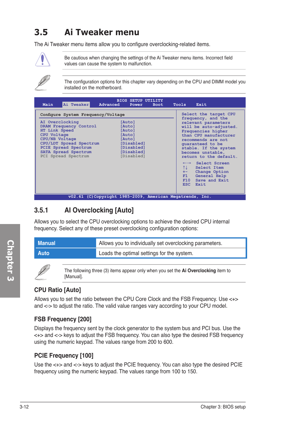 5 ai tweaker menu, 1 ai overclocking [auto, Ai tweaker menu -12 3.5.1 | Ai overclocking -12, Chapter 3, Cpu ratio [auto, Fsb frequency [200, Pcie frequency [100 | Asus M4N82 Deluxe User Manual | Page 72 / 128