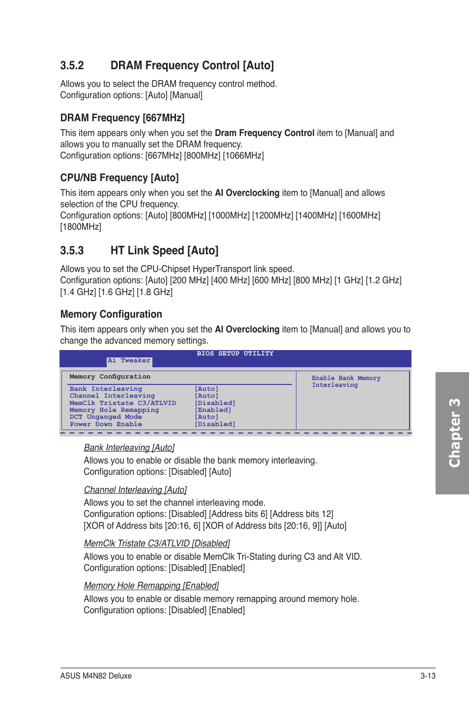 2 dram frequency control [auto, 3 ht link speed [auto, Dram frequency control -13 | Ht link speed -13, Chapter 3, Dram frequency [667mhz, Cpu/nb frequency [auto | Asus M4N82 Deluxe User Manual | Page 73 / 128