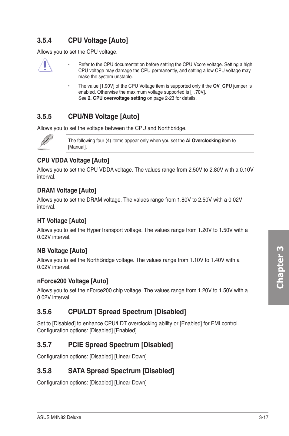 4 cpu voltage [auto, 5 cpu/nb voltage [auto, 6 cpu/ldt spread spectrum [disabled | 7 pcie spread spectrum [disabled, 8 sata spread spectrum [disabled, Cpu voltage -17, Cpu/nb voltage -17, Cpu/ldt spread spectrum -17, Pcie spread spectrum -17, Sata spread spectrum -17 | Asus M4N82 Deluxe User Manual | Page 77 / 128