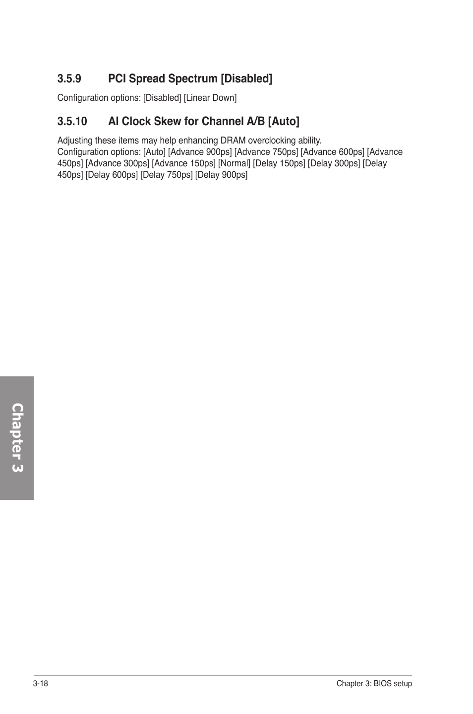 9 pci spread spectrum [disabled, 10 ai clock skew for channel a/b [auto, Pci spread spectrum -18 | Ai clock skew for channel a/b -18, Chapter 3 | Asus M4N82 Deluxe User Manual | Page 78 / 128