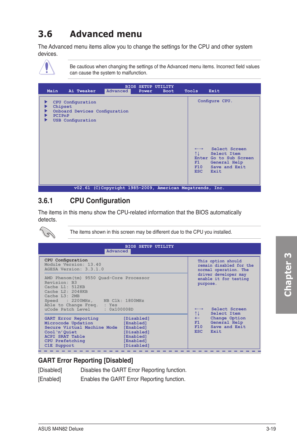 6 advanced menu, 1 cpu configuration, Advanced menu -19 3.6.1 | Cpu configuration -19, Chapter 3, Gart error reporting [disabled | Asus M4N82 Deluxe User Manual | Page 79 / 128