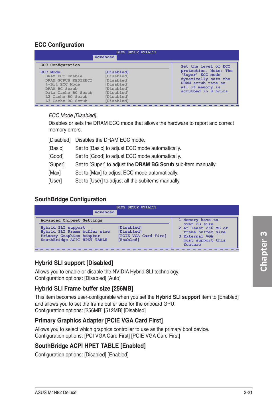 Chapter 3, Ecc configuration, Southbridge configuration | Hybrid sli support [disabled, Hybrid sli frame buffer size [256mb, Primary graphics adapter [pcie vga card first, Southbridge acpi hpet table [enabled | Asus M4N82 Deluxe User Manual | Page 81 / 128