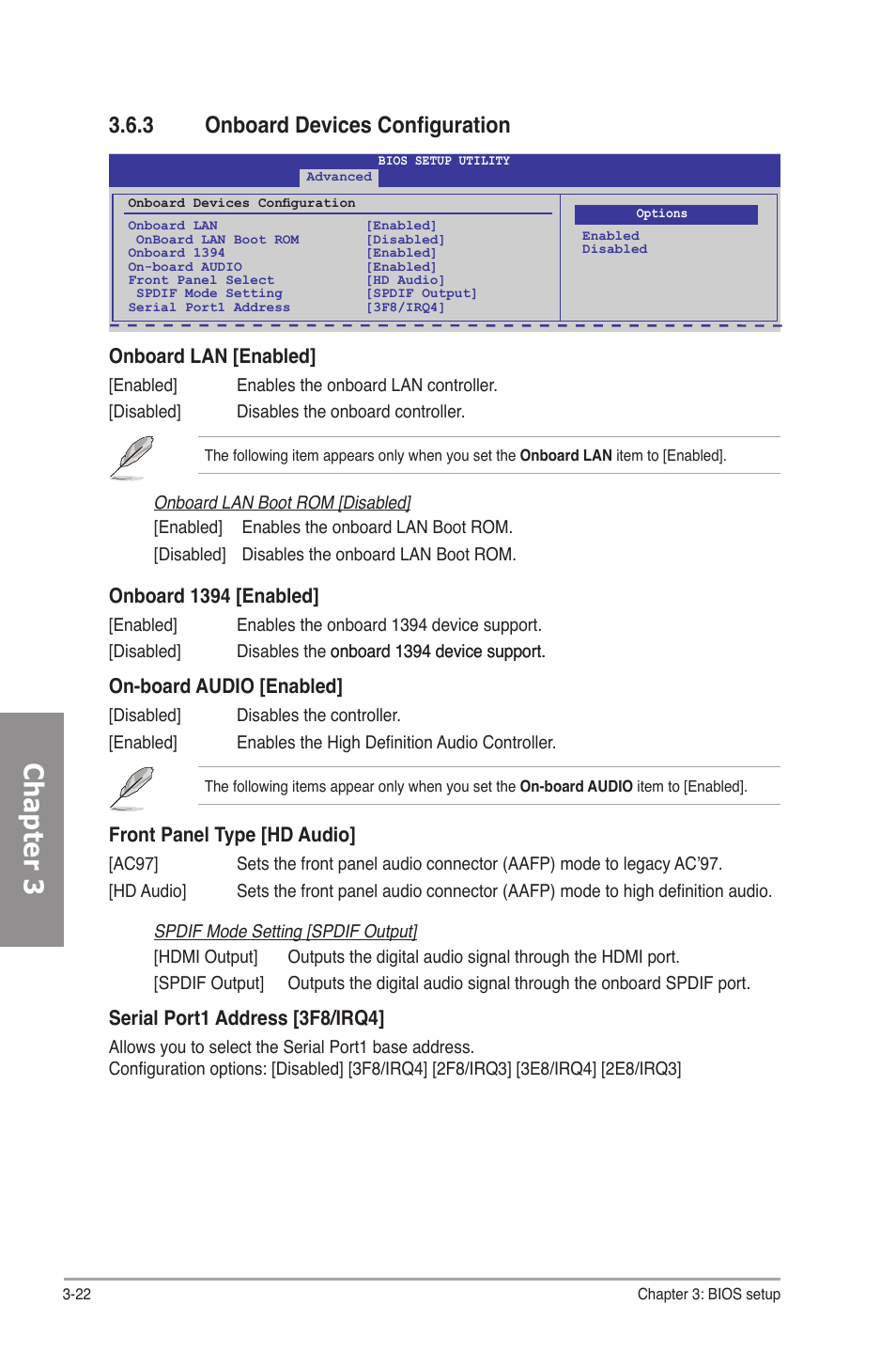 3 onboard devices configuration, Onboard devices configuration -22, Chapter 3 | Onboard lan [enabled, Onboard 1394 [enabled, On-board audio [enabled, Front panel type [hd audio, Serial port1 address [3f8/irq4 | Asus M4N82 Deluxe User Manual | Page 82 / 128