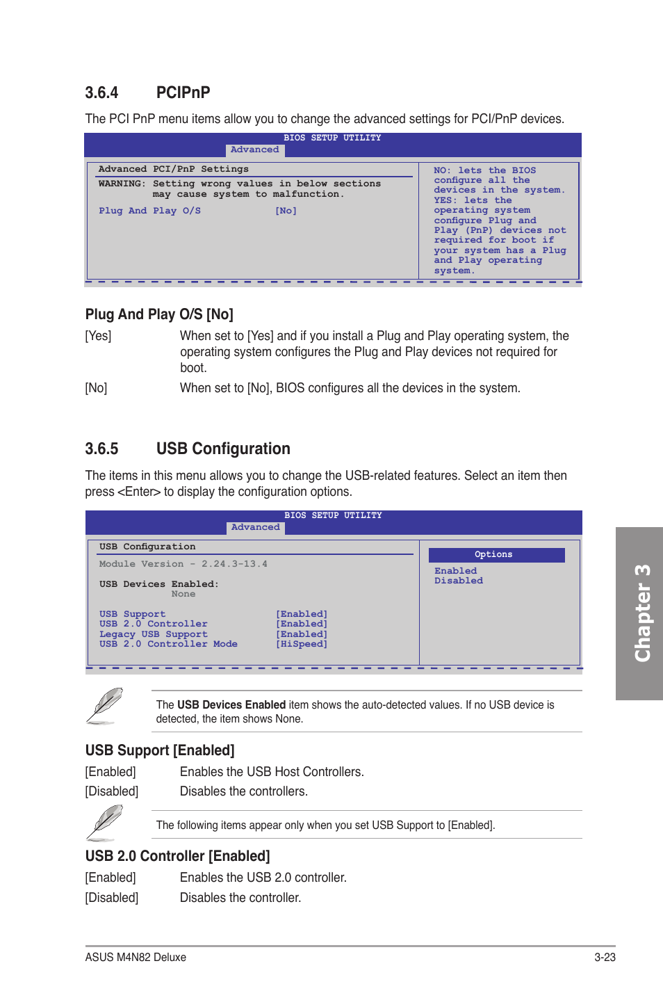 4 pcipnp, 5 usb configuration, Pcipnp -23 | Usb configuration -23, Chapter 3, Usb support [enabled, Usb 2.0 controller [enabled, Plug and play o/s [no | Asus M4N82 Deluxe User Manual | Page 83 / 128