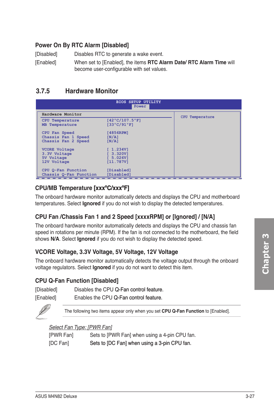 5 hardware monitor, Hardware monitor -27, Chapter 3 | Cpu/mb temperature [xxx�c/xxx�f] [xxx�c/xxx�f, Cpu q-fan function [disabled, Power on by rtc alarm [disabled | Asus M4N82 Deluxe User Manual | Page 87 / 128